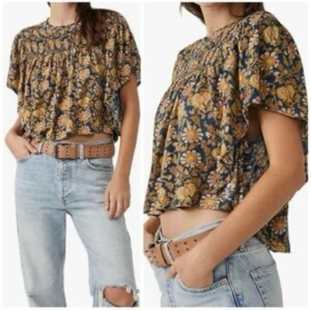 Free People Women’s Boho Ruffled Up Floral Top in Blue and Yellow Size XS